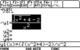 Graphing calculator screen displaying the function y1(x)=x2+4−2x2y_1(x) = \frac{\sqrt{x^2 + 4} - 2}{x^2}y1(x)=x2x2+4−2 entered for plotting